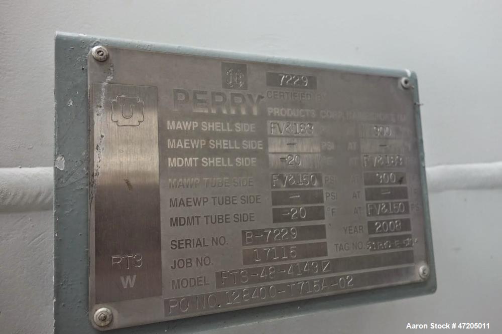 Unused- Perry Products Single Pass Shell & Tube Heat Exchanger, 4,143 Square Feet, Model FTS-48-4143, Vertical. Carbon steel shell rated 183 psi/Full Vacuum at -20 to 300 degrees F. (2110) 3/4" Diame...